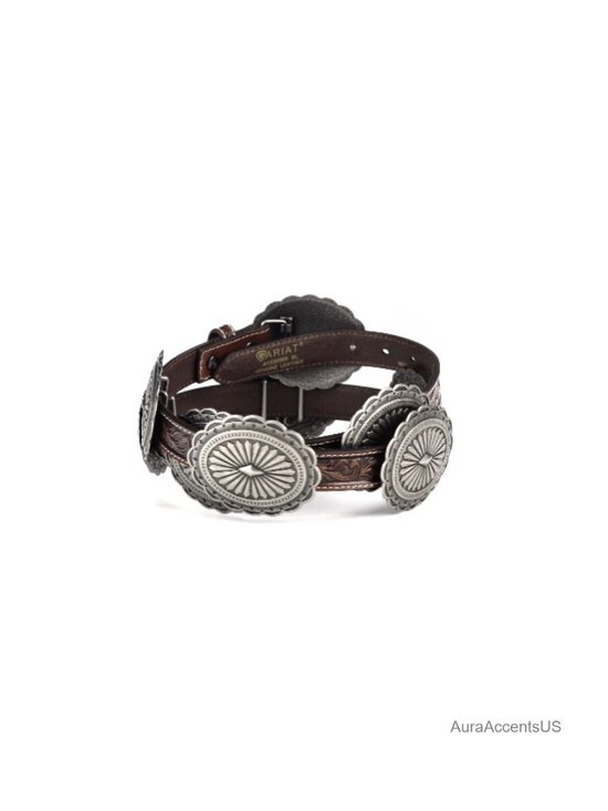 Western Tooled Leather Belt with Silver Oval Concho, Pull On